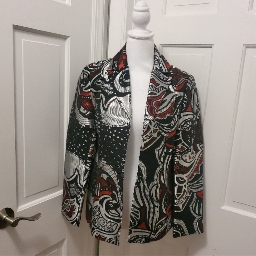 Chico's Silver Metallic Contemporary Geometric Print blazer/Jacket Size 0=8